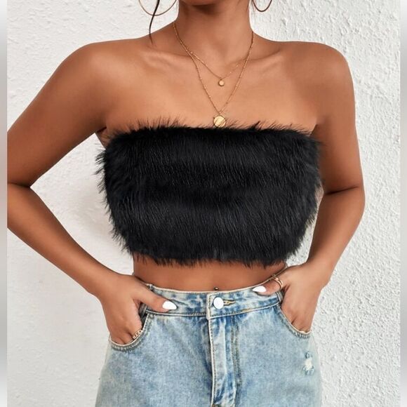 Solid Fuzzy Crop Tube Top - Picture 1 of 5